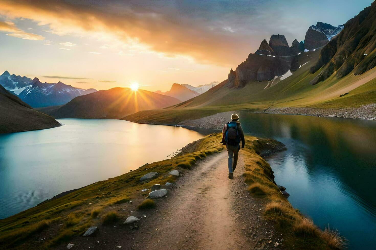 uma pessoa caminhando ao longo uma caminho dentro frente do uma lago às pôr do sol. gerado por IA foto