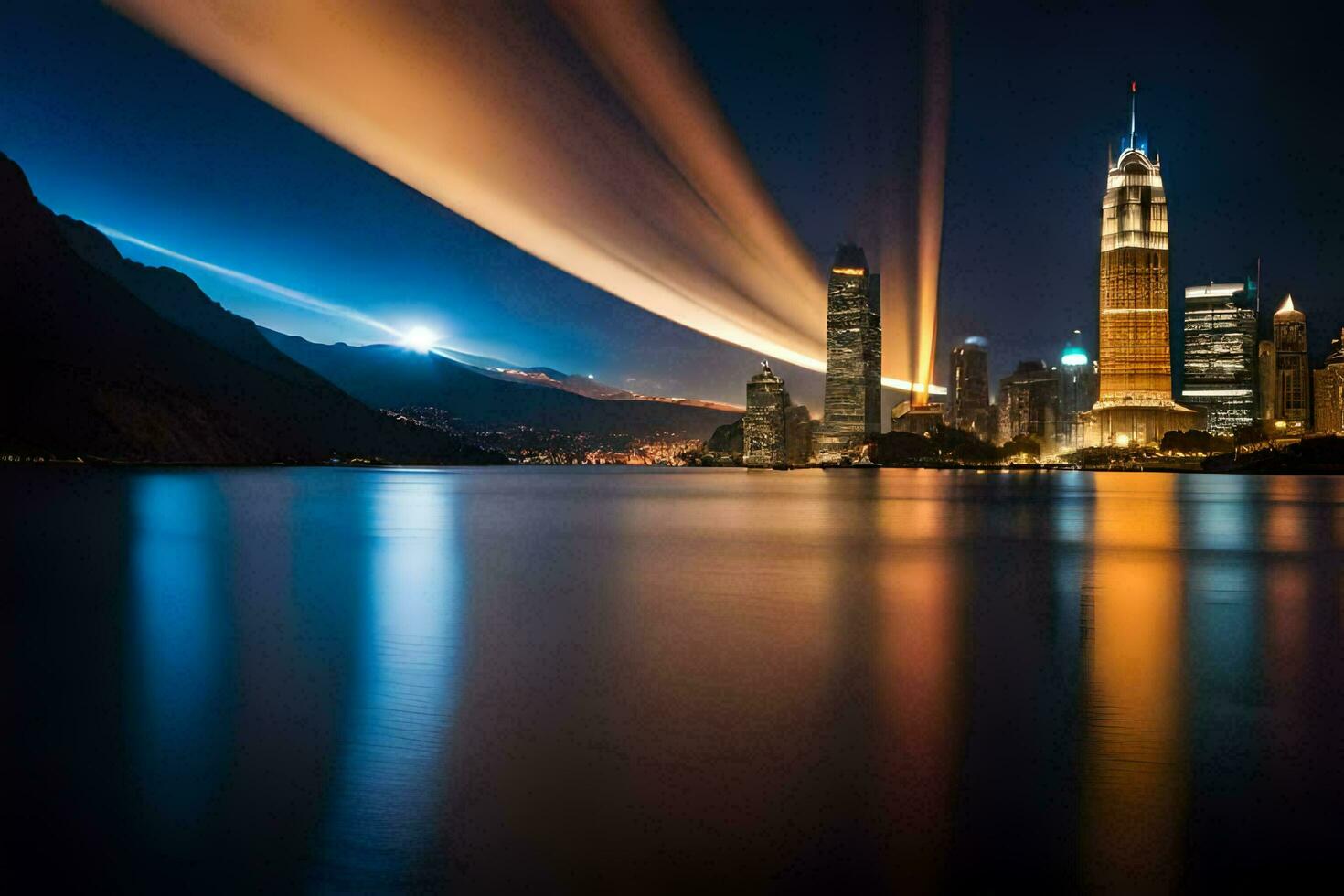 a cidade luzes estão refletido dentro a água. gerado por IA foto