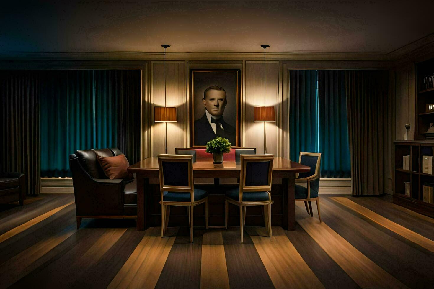 uma jantar quarto com uma pintura do Presidente pessoa. gerado por IA foto