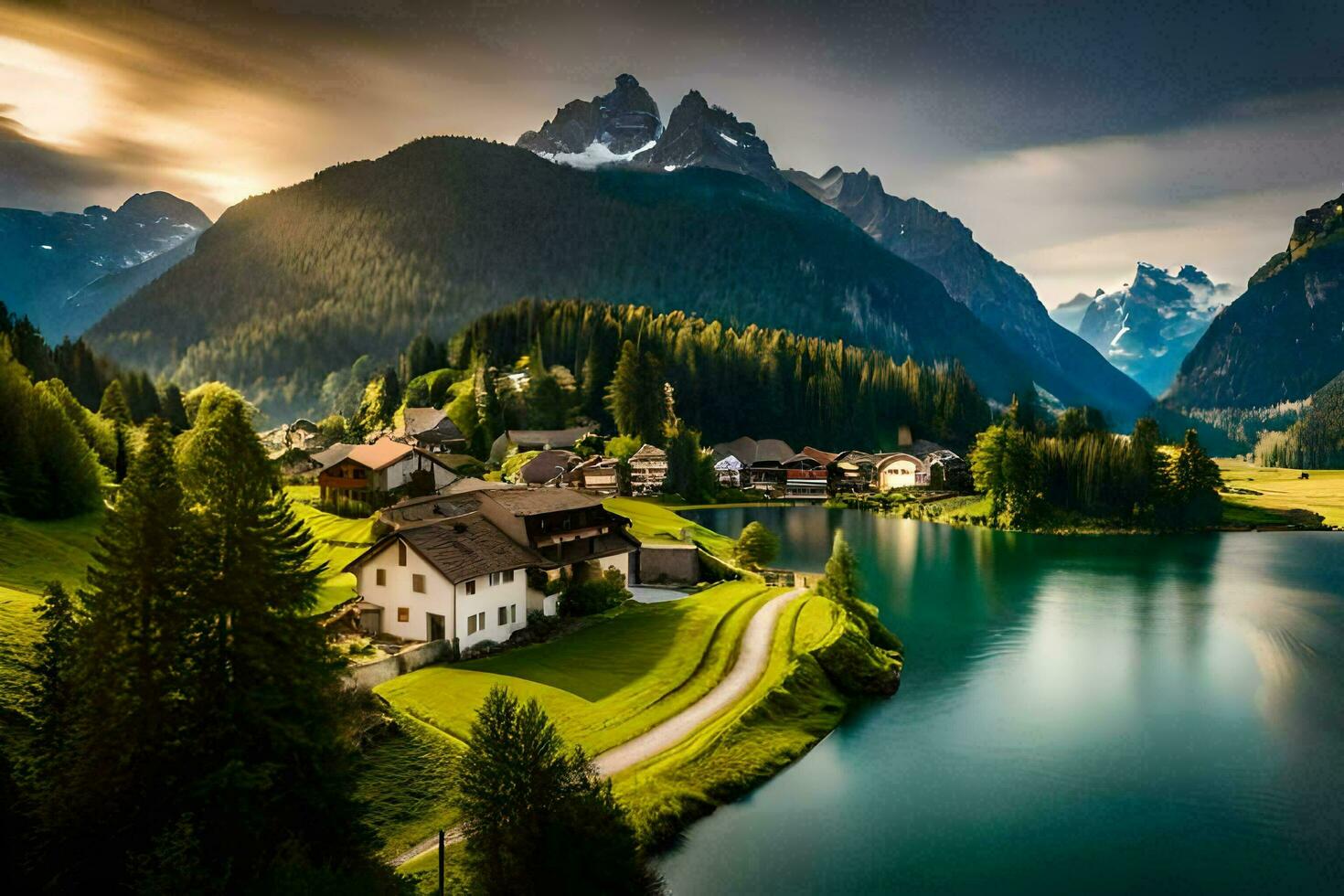 a Vila do alpino lago dentro a suíço Alpes. gerado por IA foto