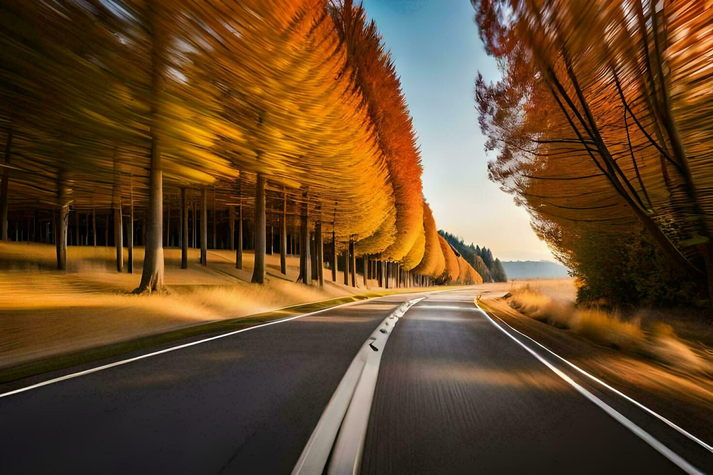 uma estrada com árvores dentro a fundo. gerado por IA foto