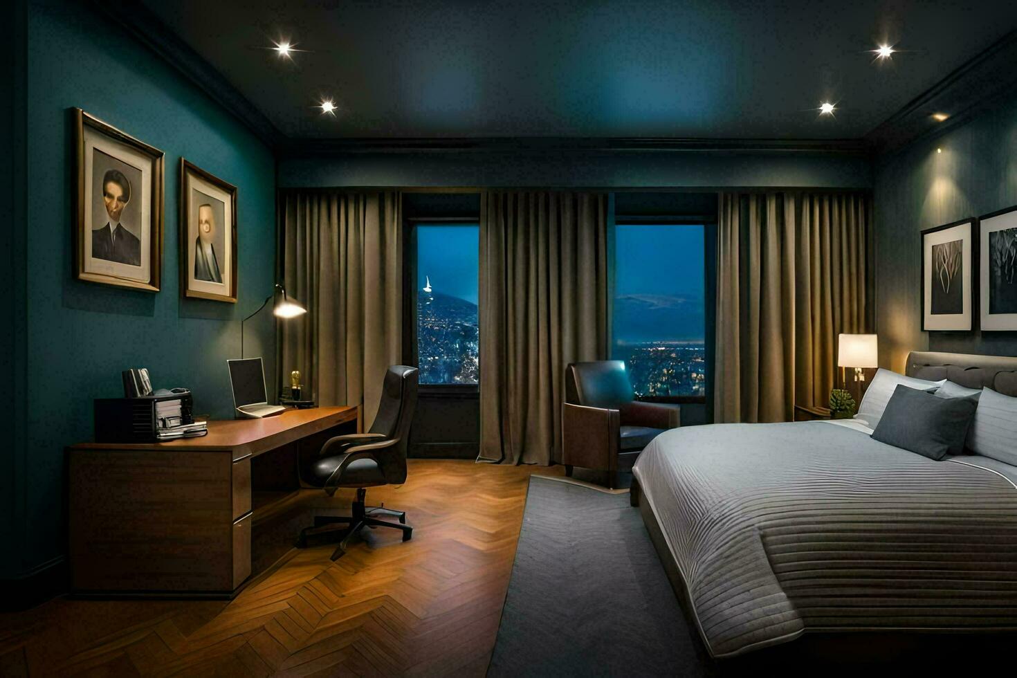 uma hotel quarto com uma cama, escrivaninha e janelas negligenciar a cidade. gerado por IA foto