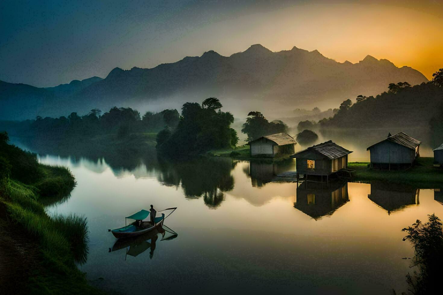 uma barco é flutuando em a rio às nascer do sol. gerado por IA foto