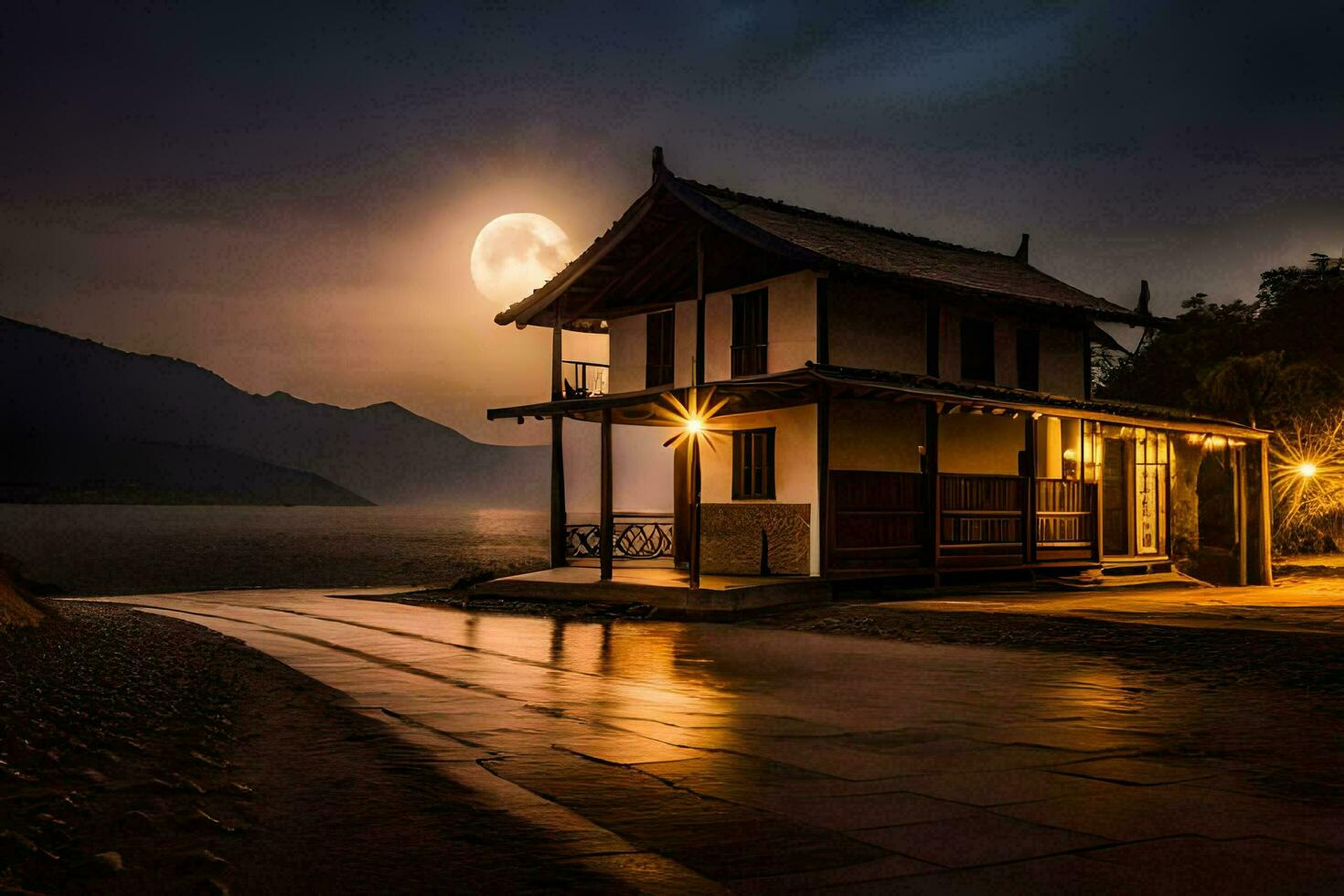 uma casa em a de praia às noite com uma cheio lua. gerado por IA foto