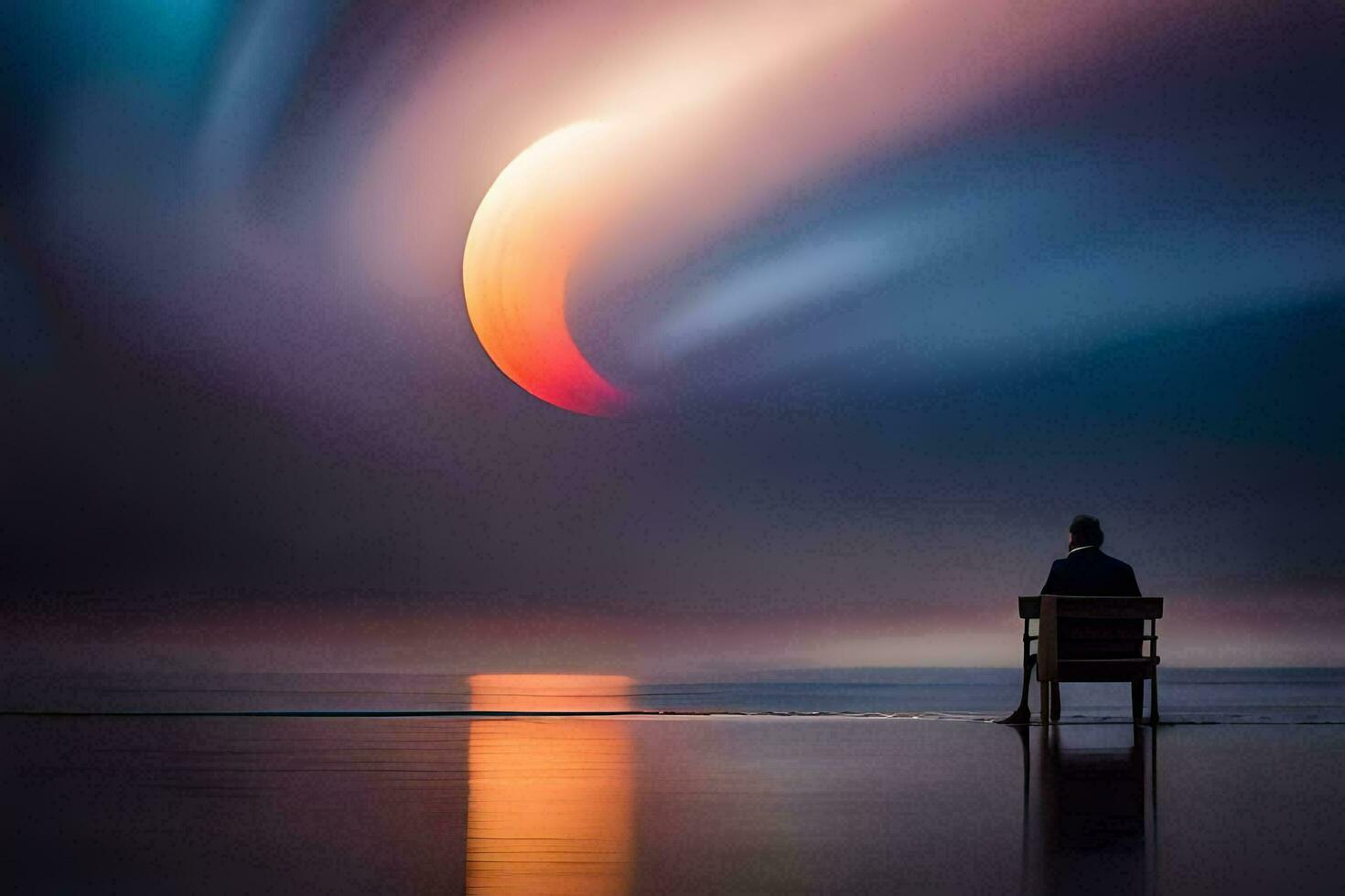 uma homem sentado em uma Banco olhando às a lua. gerado por IA foto