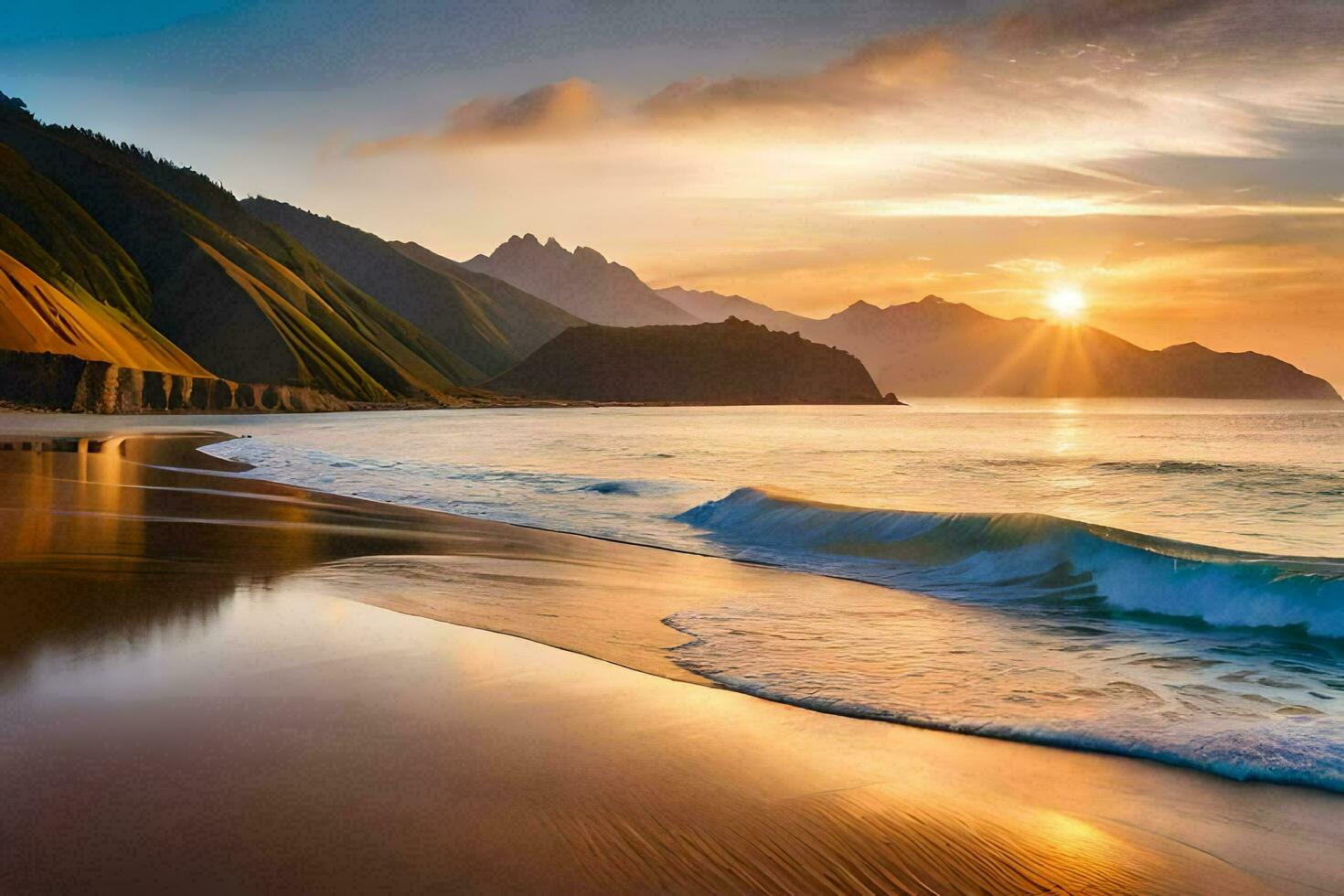 a Sol conjuntos sobre uma de praia e montanhas. gerado por IA foto