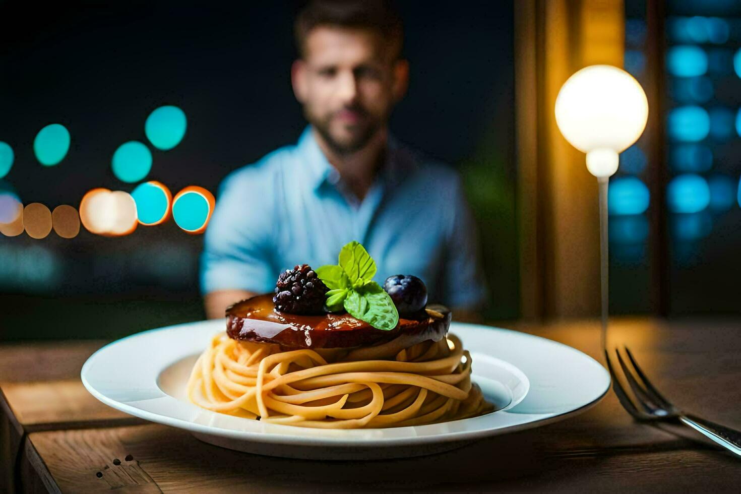 uma homem é sentado às uma mesa com espaguete e uma vidro do vinho. gerado por IA foto