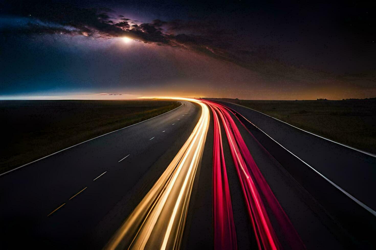 uma grandes exposição fotografia do uma rodovia às noite. gerado por IA foto