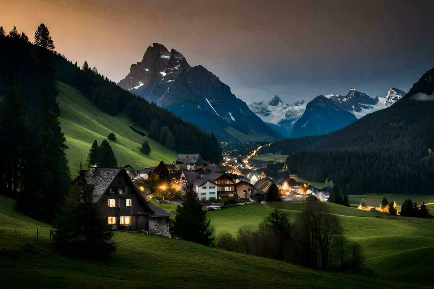 foto papel de parede a céu, montanhas, Vila, casa, a noite, a montanhas, a Vila. gerado por IA