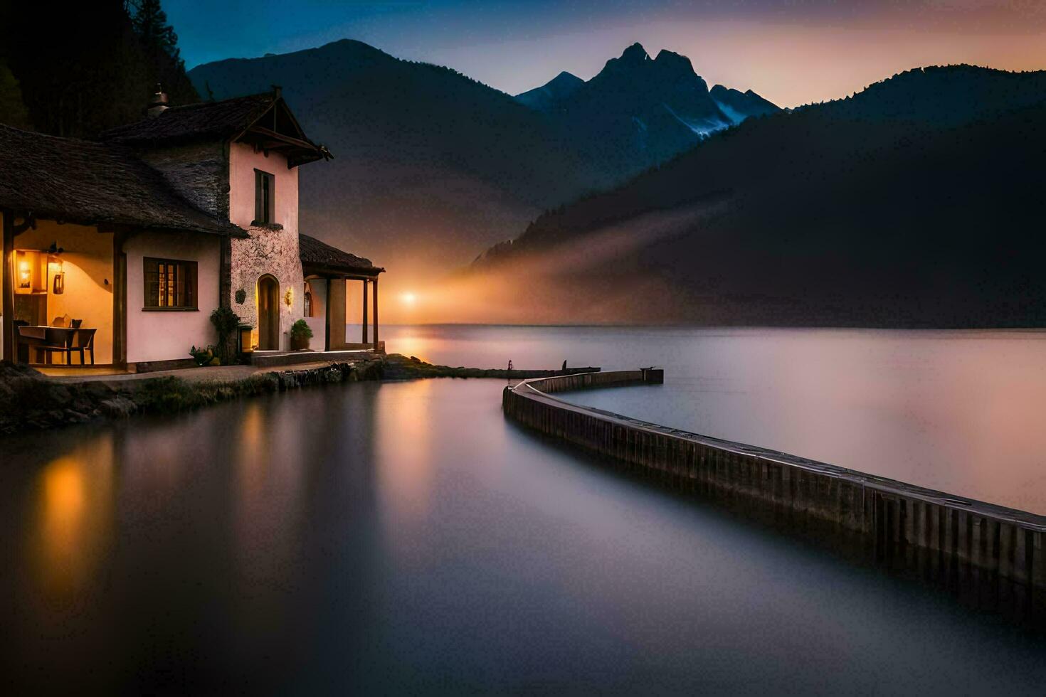 uma casa senta em a costa do uma lago às crepúsculo. gerado por IA foto