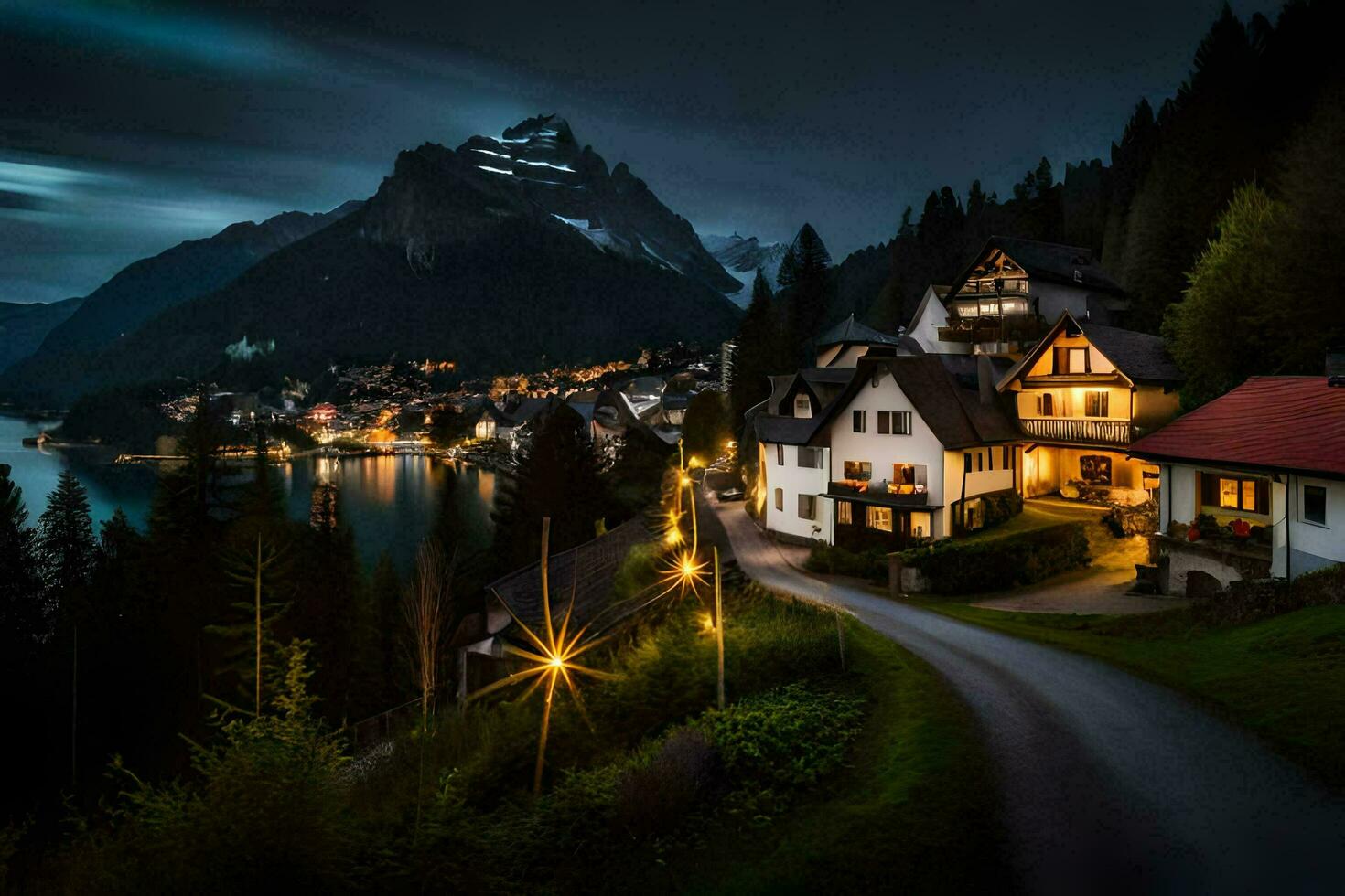 uma Cidade dentro a montanhas às noite. gerado por IA foto