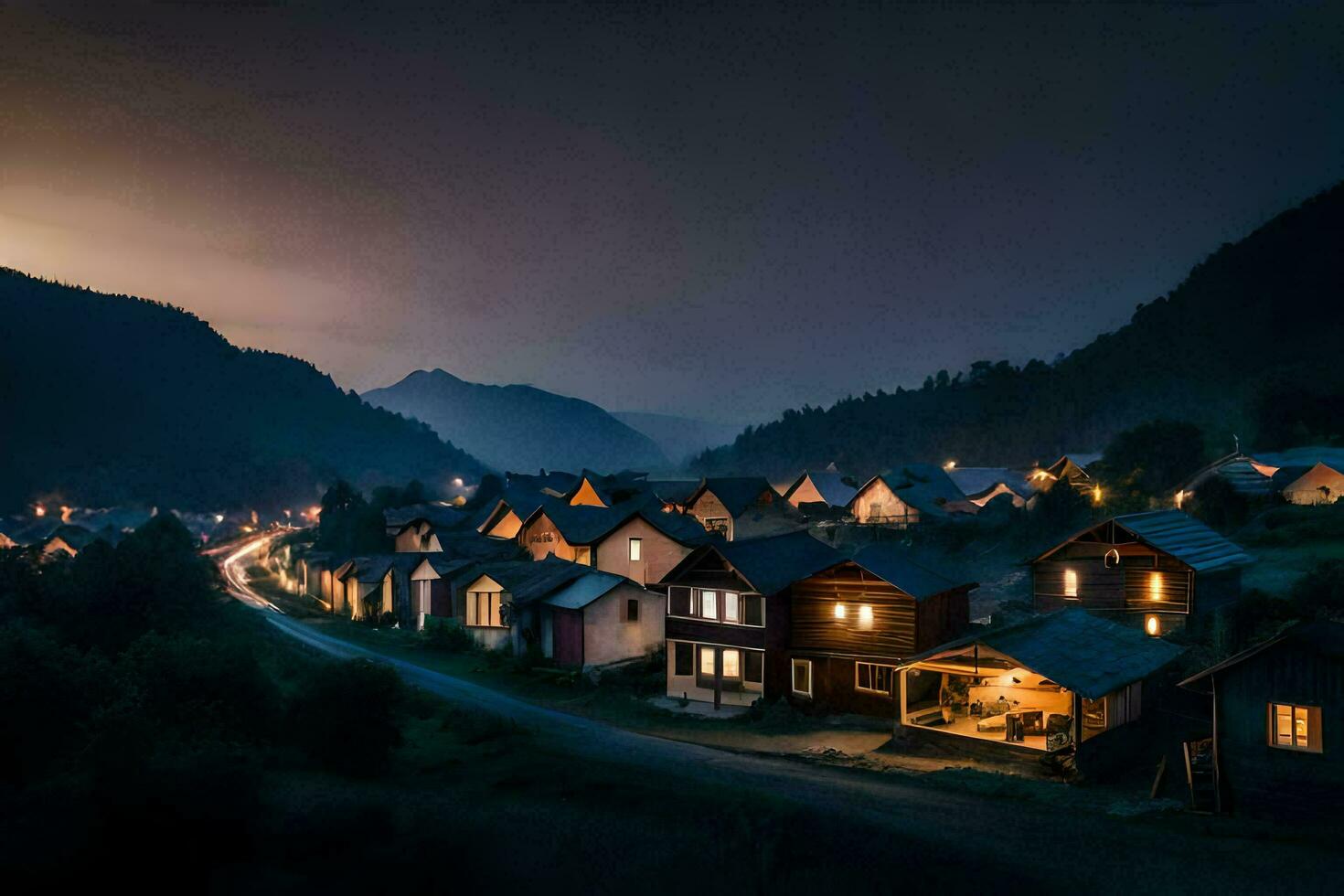 uma Vila às noite com luzes em dentro a montanhas. gerado por IA foto