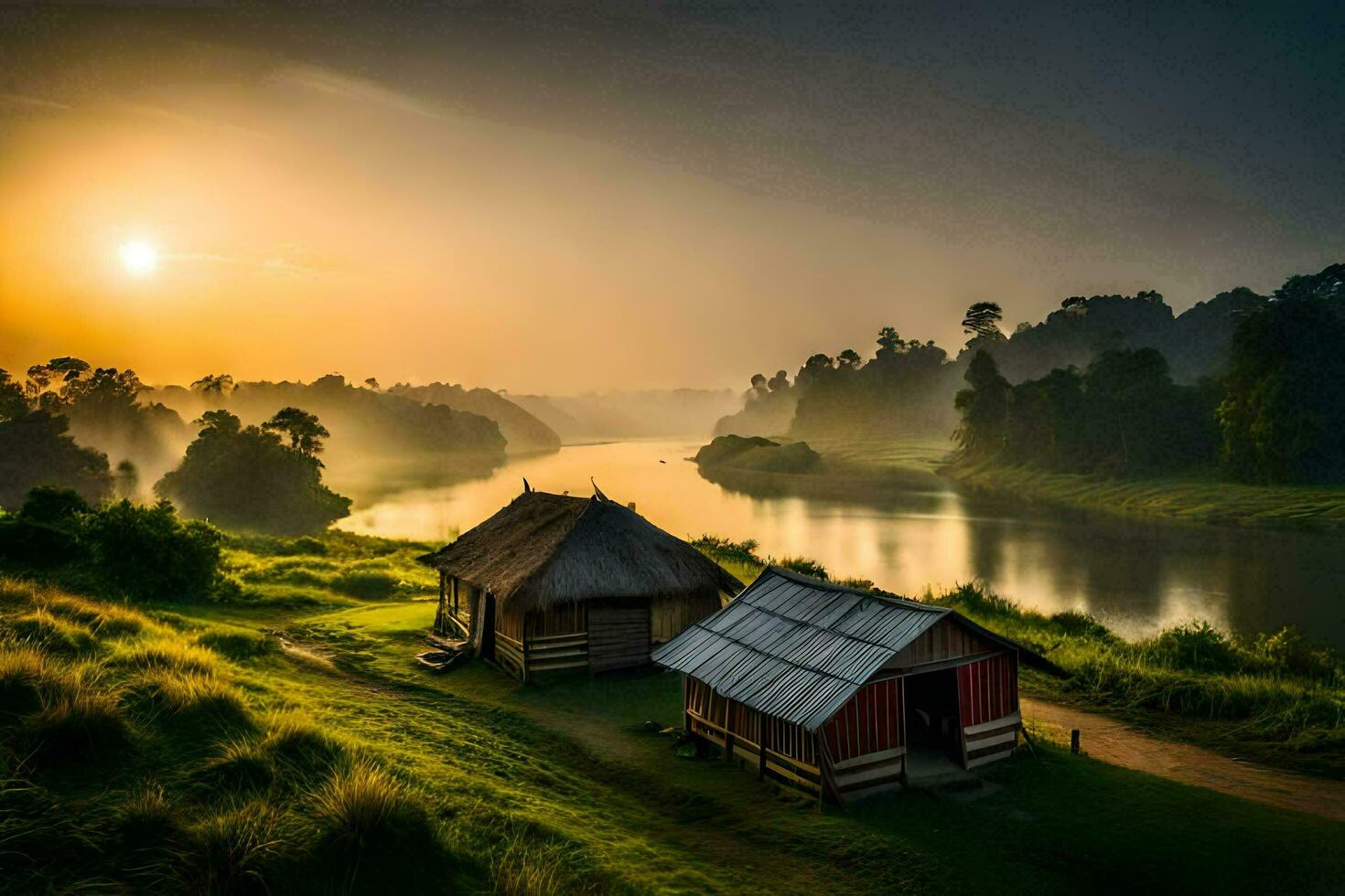 de Rajesh kumar - paisagens nascer do sol, rio, nascer do sol, nascer do sol dentro a selva,. gerado por IA foto