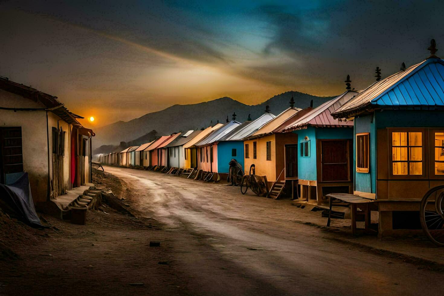 uma linha do colorida casas dentro a meio do uma estrada. gerado por IA foto