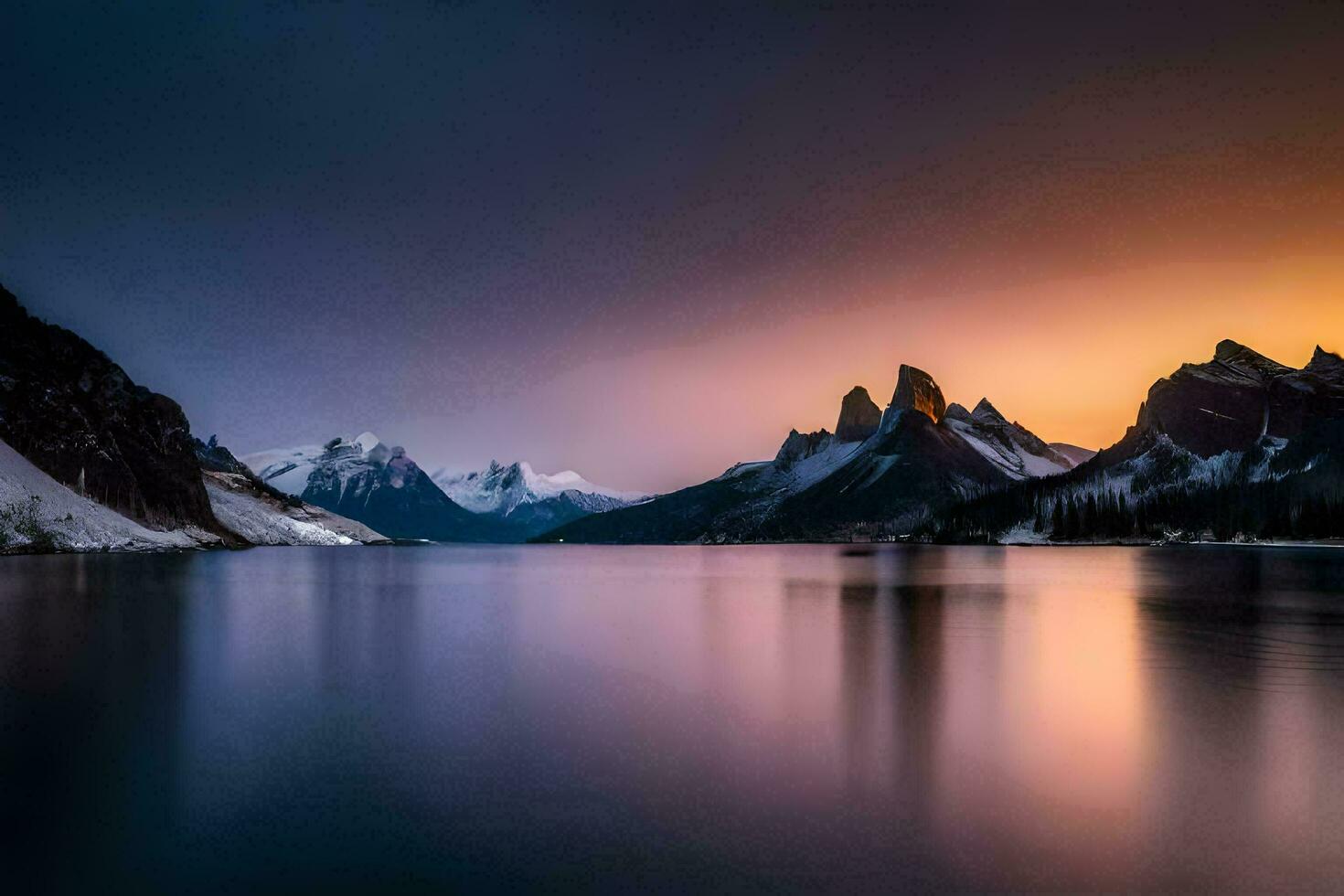 a montanhas estão refletido dentro a água às pôr do sol. gerado por IA foto