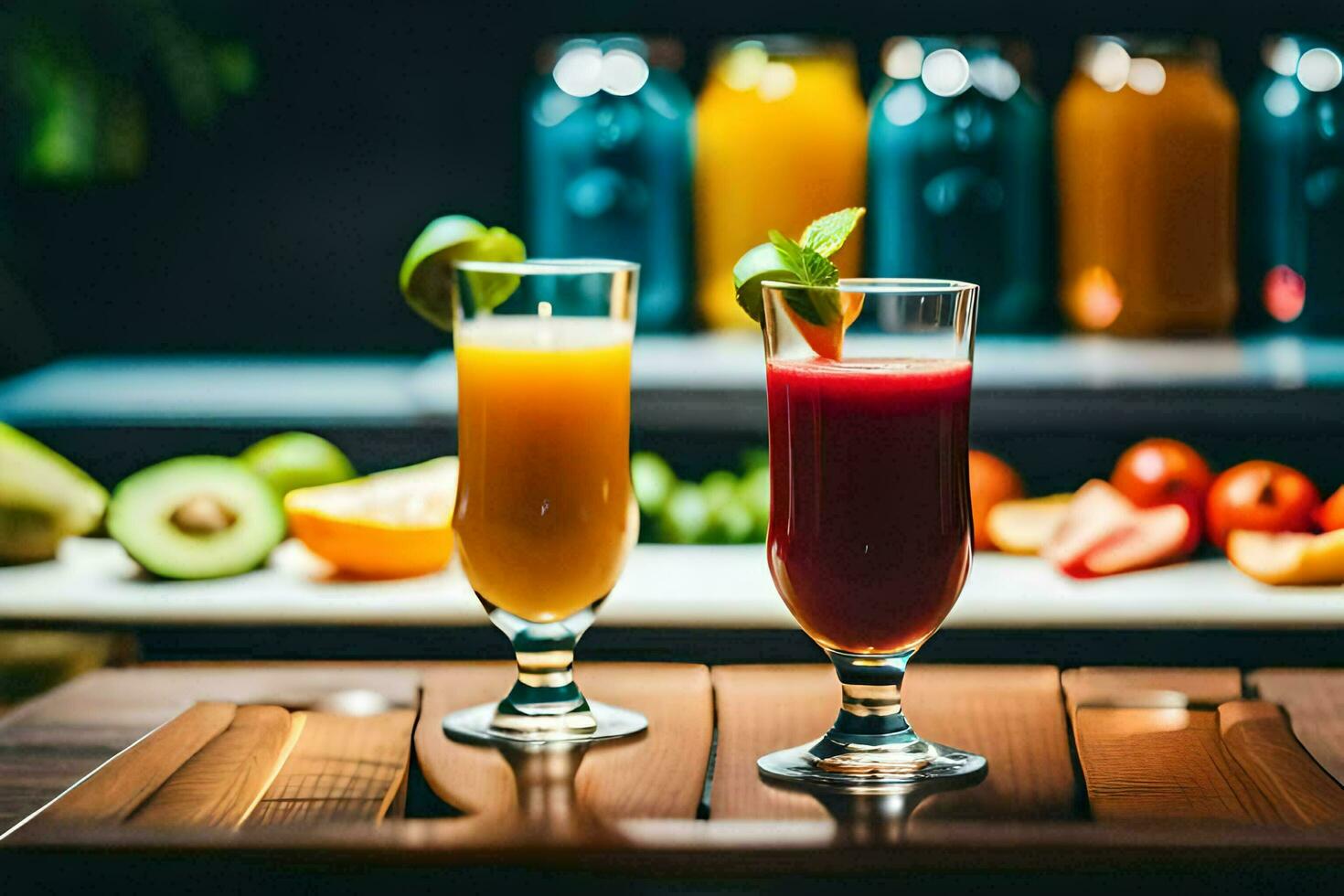 dois óculos do suco em uma mesa com fruta e legumes. gerado por IA foto