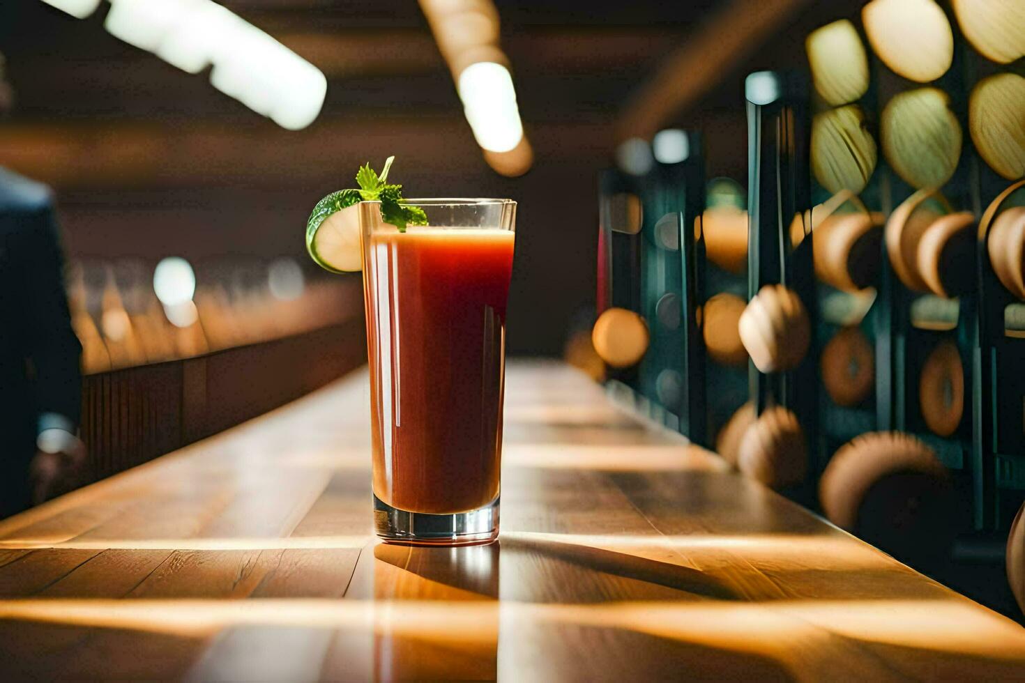 uma vidro do sangue laranja suco sentado em uma bar. gerado por IA foto