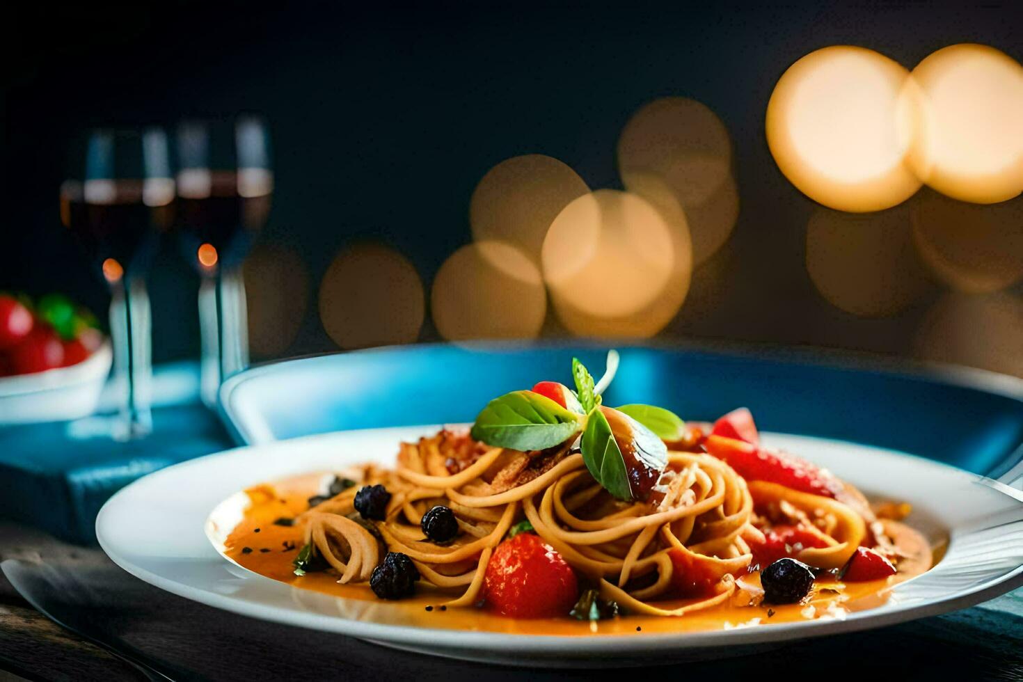 espaguete com tomate molho e fresco legumes. gerado por IA foto