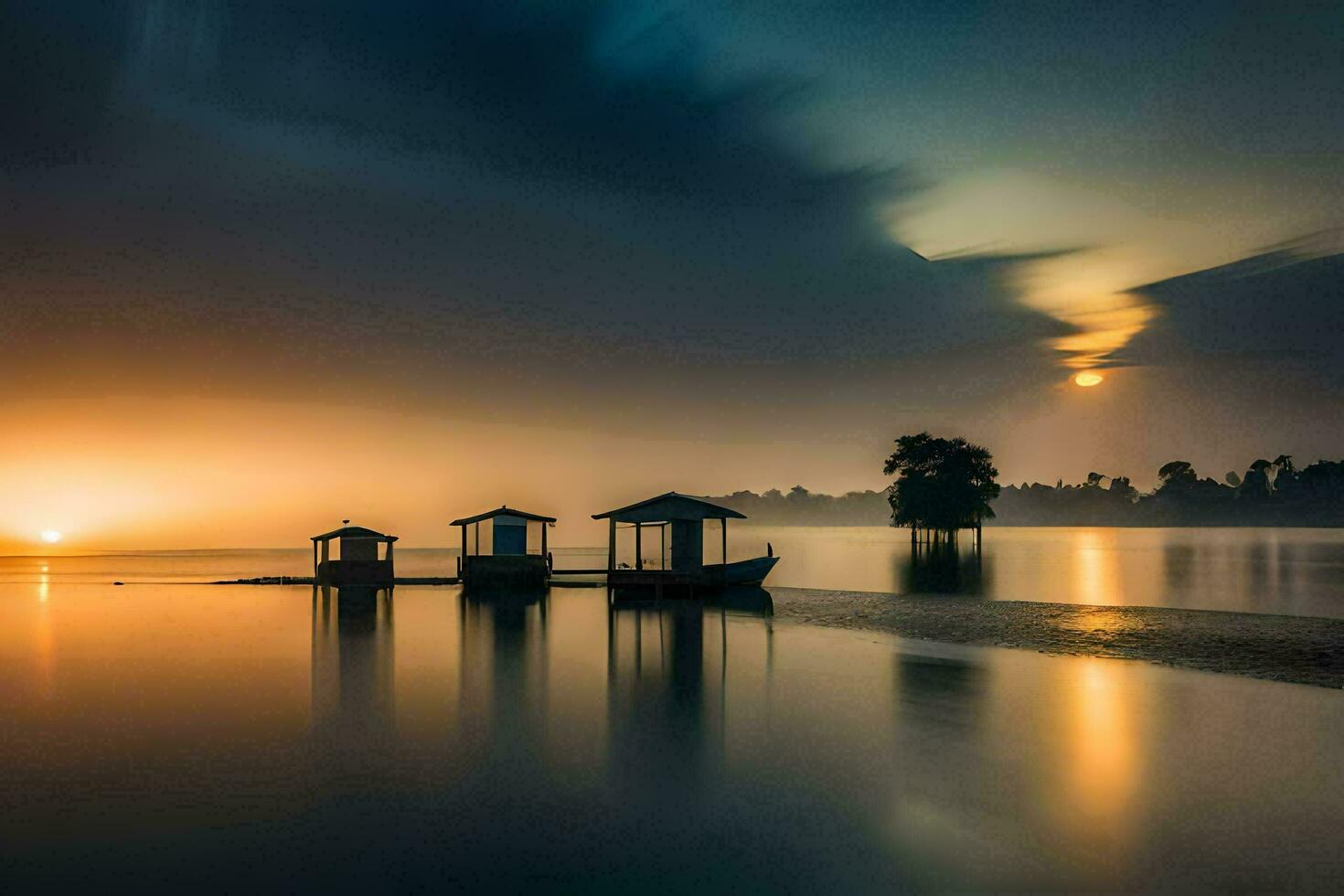 pôr do sol sobre a lago, barcos, água, hd papel de parede. gerado por IA foto