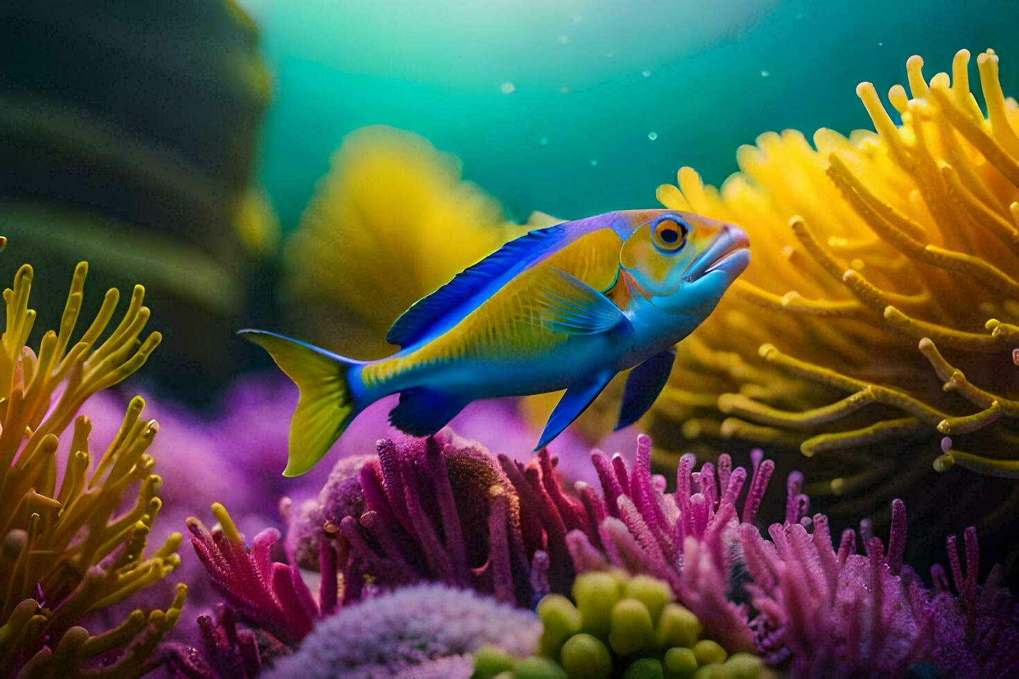 uma peixe natação dentro a oceano com colorida coral. gerado por IA foto