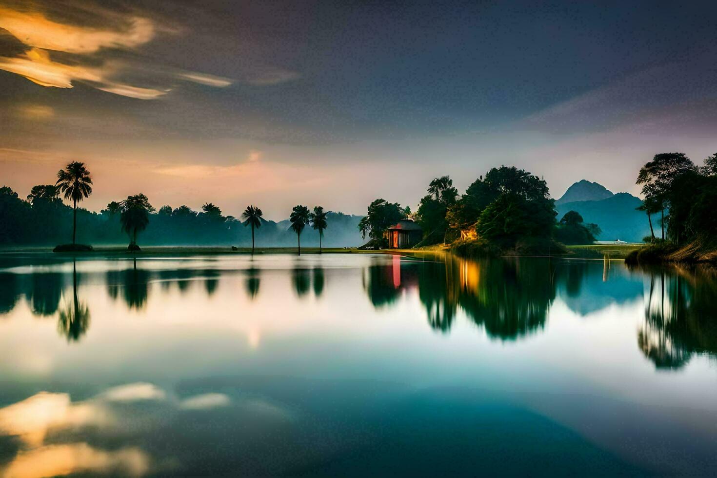 uma lago dentro a meio do uma floresta às pôr do sol. gerado por IA foto