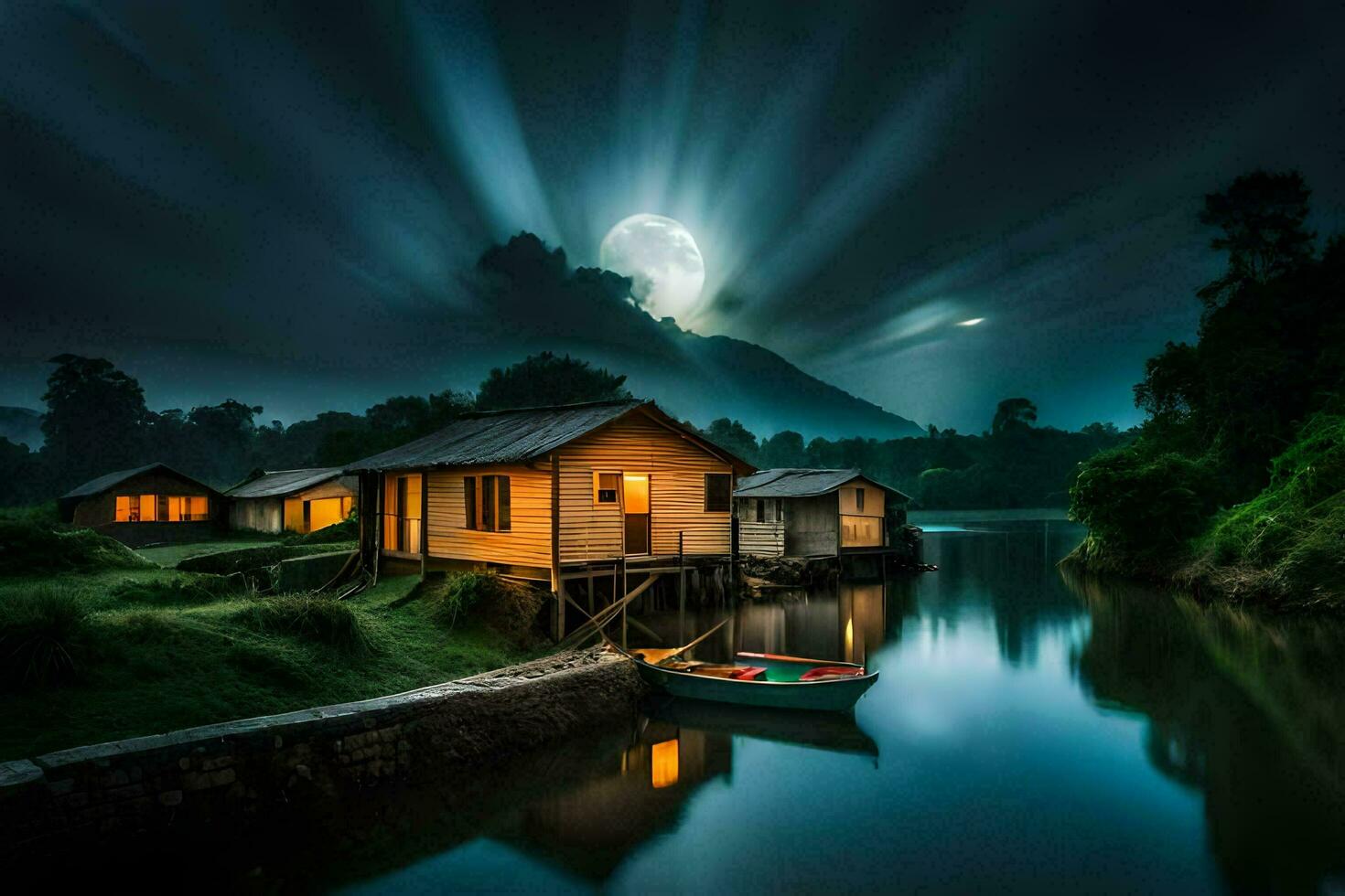 foto papel de parede a céu, noite, lua, barco, casa, rio, água, luar. gerado por IA