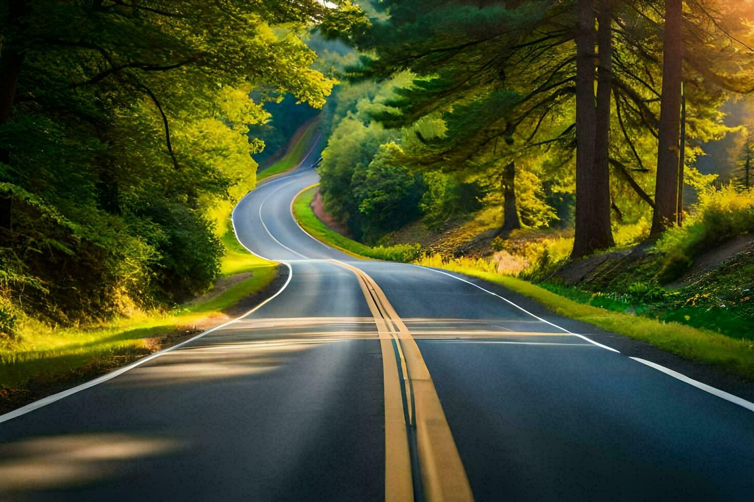 uma grandes estrada com árvores e Relva em ambos lados. gerado por IA foto