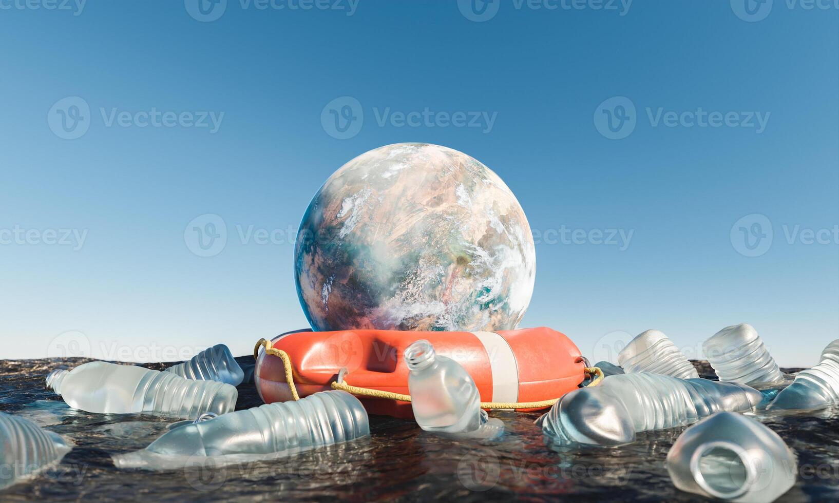 planeta com bóia salva-vidas no oceano cercado por garrafas plásticas foto