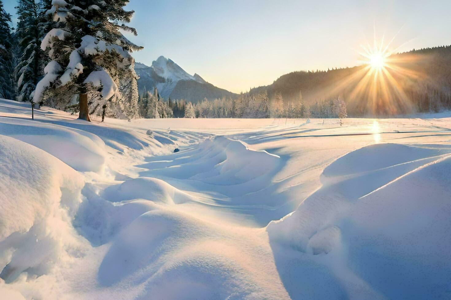 neve coberto terra com árvores e Sol. gerado por IA foto