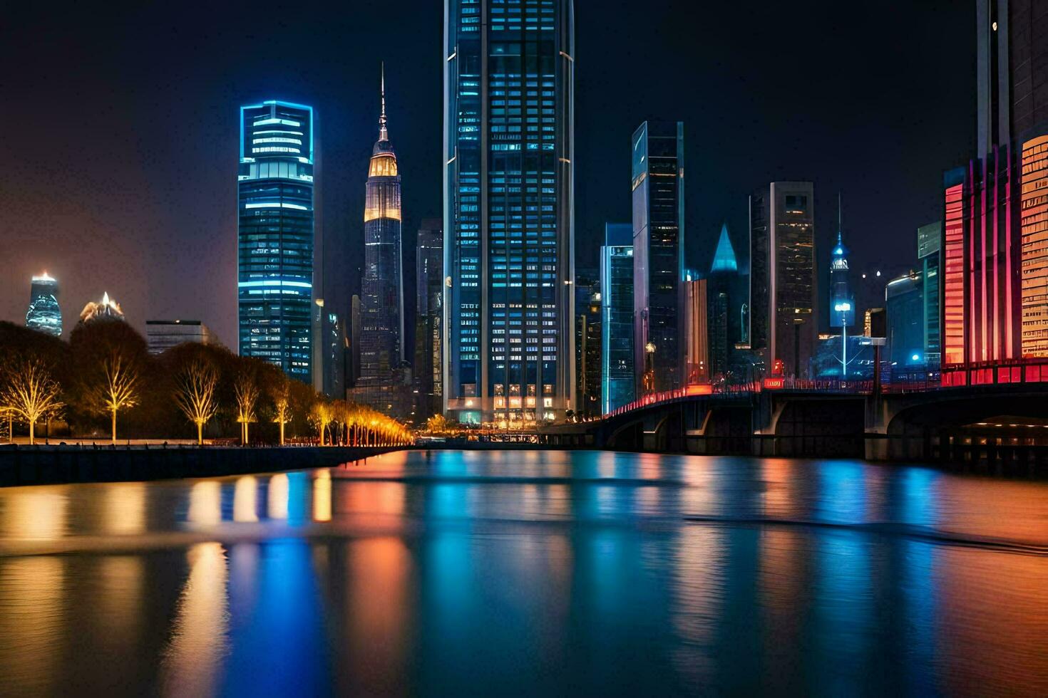 a cidade Horizonte às noite com luzes refletindo fora a água. gerado por IA foto