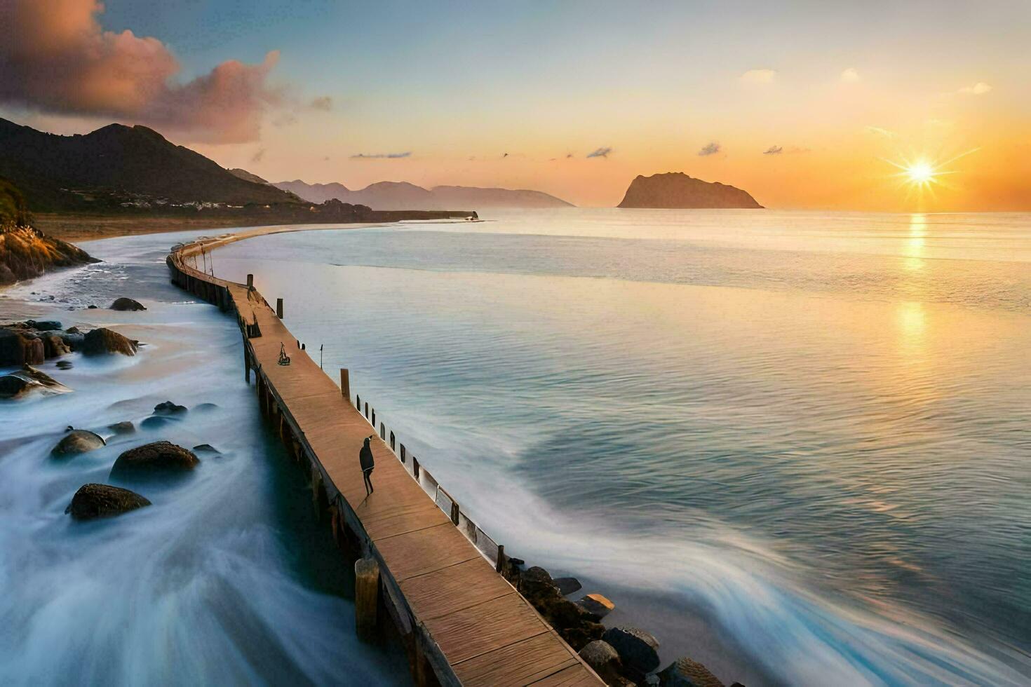 uma grandes exposição foto do uma cais às pôr do sol. gerado por IA