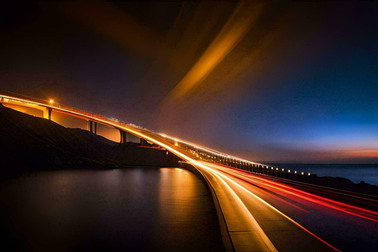 uma grandes exposição fotografia do uma ponte às noite. gerado por IA foto