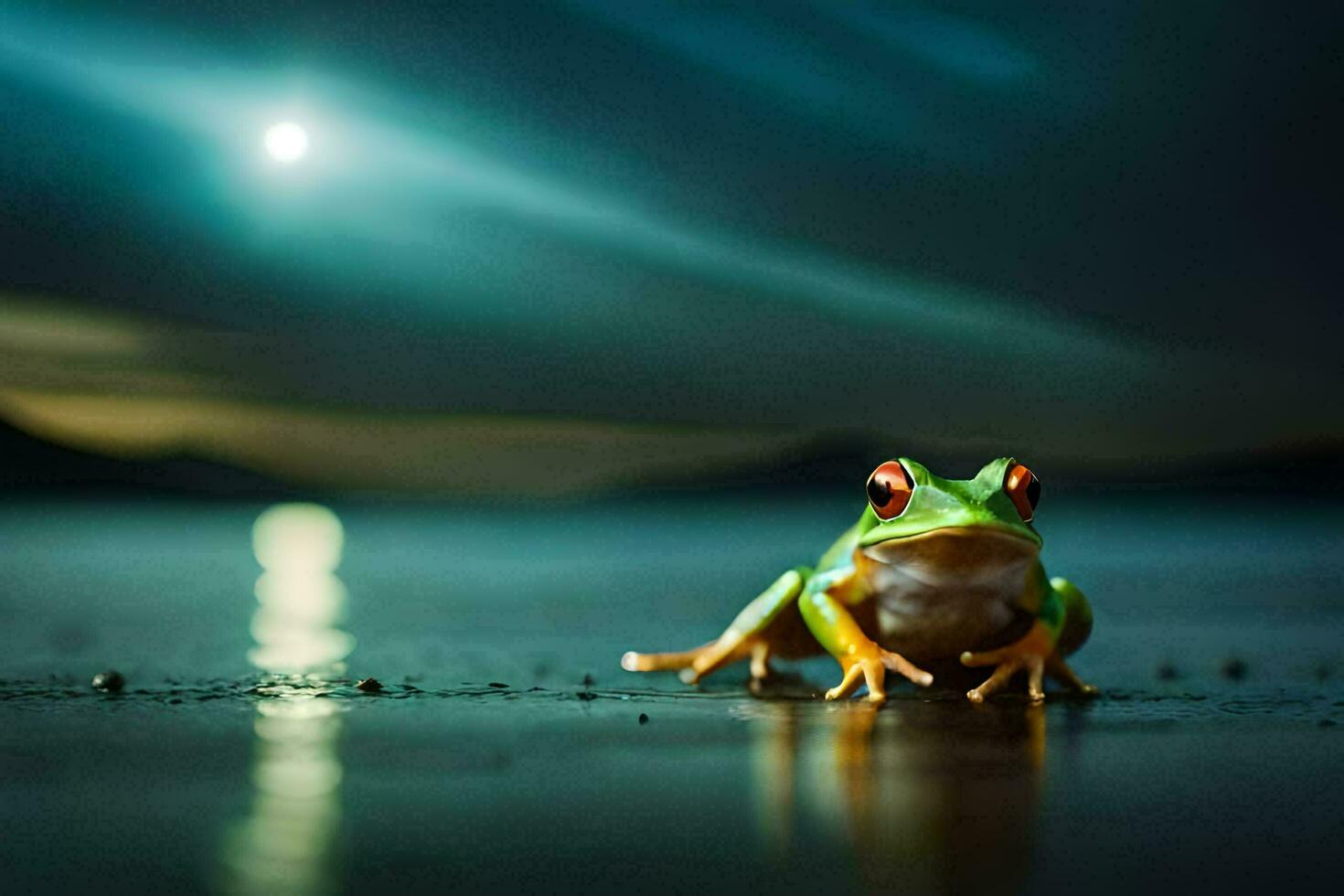 uma rã sentado em a de praia às noite com uma cheio lua dentro a fundo. gerado por IA foto