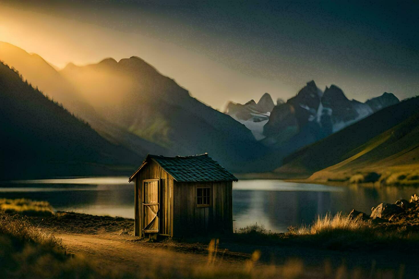 a Sol brilha em uma pequeno de madeira cabana dentro a meio do uma lago. gerado por IA foto