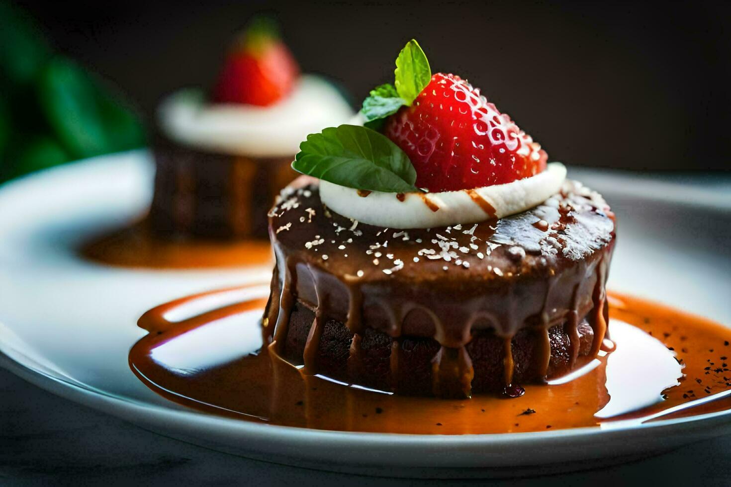 uma chocolate bolo com morangos e açoitado creme. gerado por IA foto
