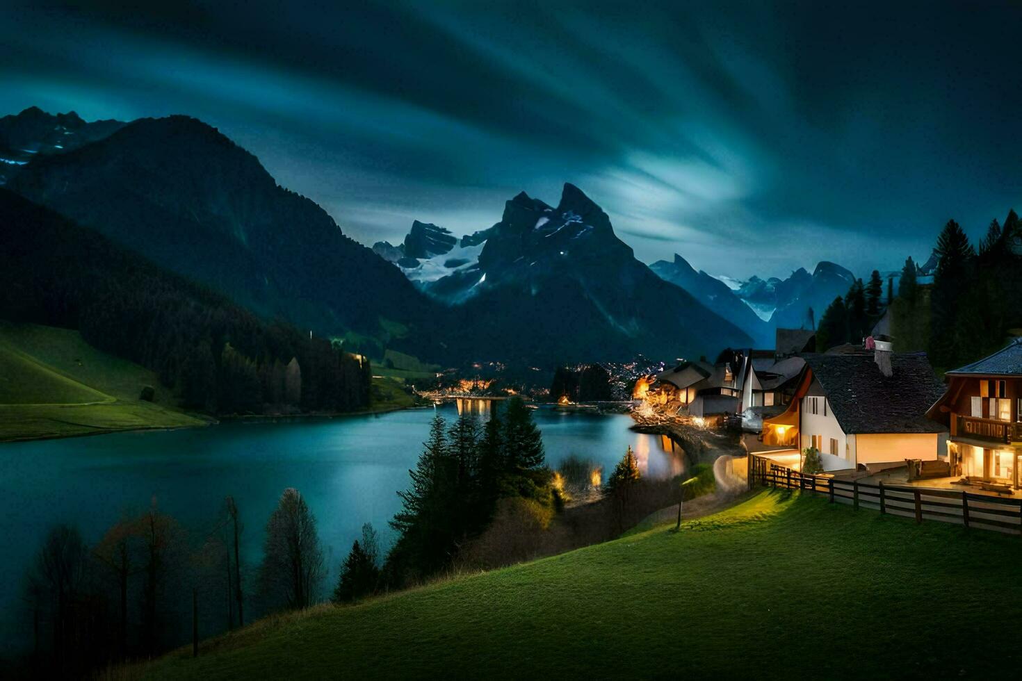 a casa dentro a montanhas, a lago, a montanhas, a noite, a lua, o. gerado por IA foto