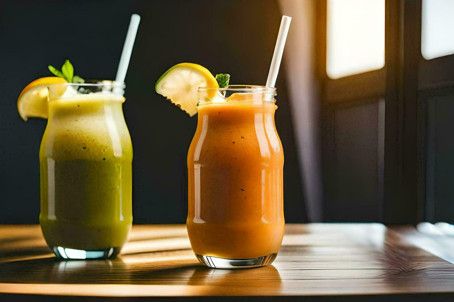 dois óculos do suco com palhas em uma de madeira mesa. gerado por IA foto