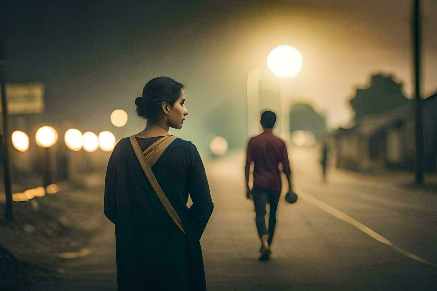 uma homem e mulher caminhando baixa uma rua às noite. gerado por IA foto