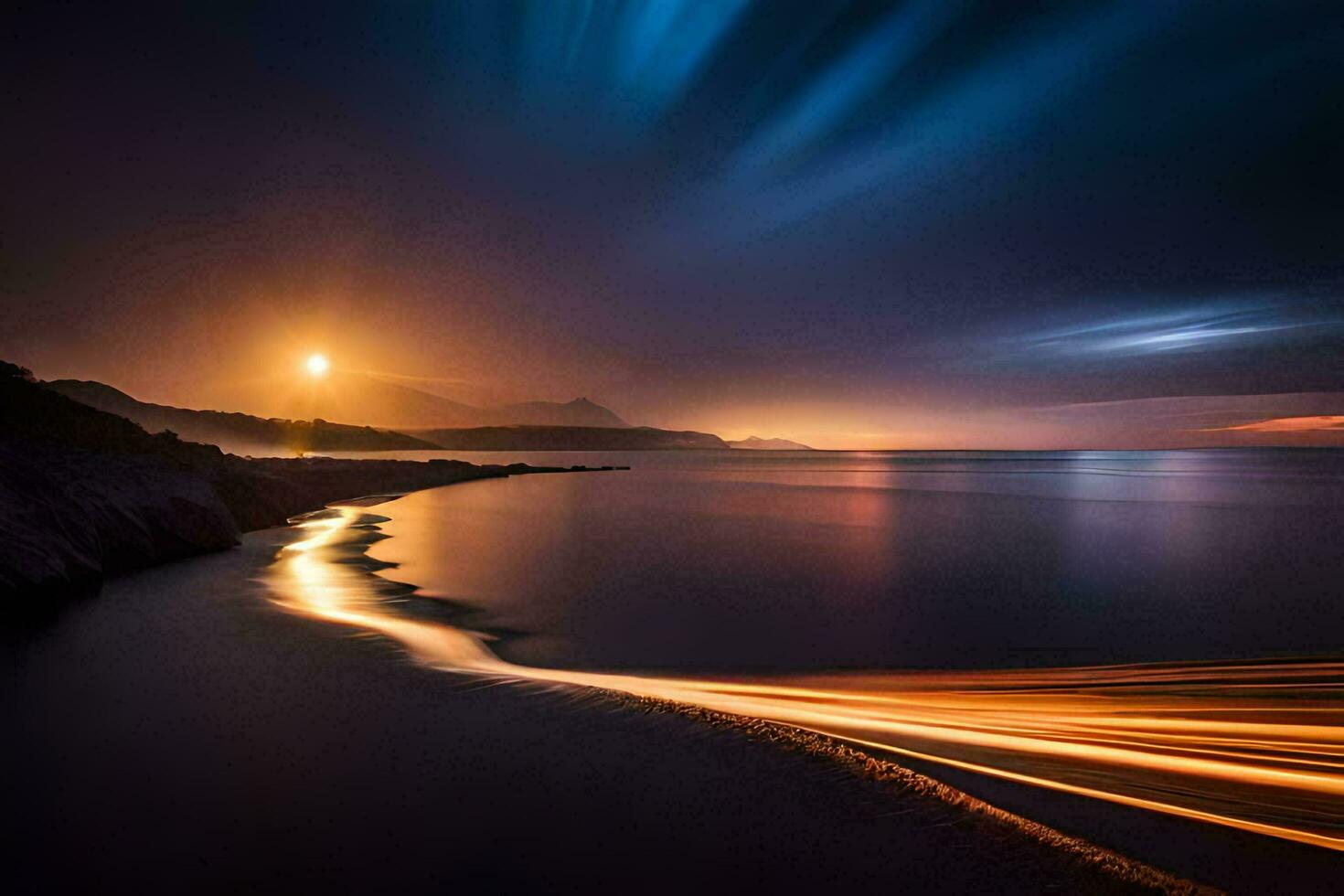 uma grandes exposição fotografia do a oceano às noite. gerado por IA foto