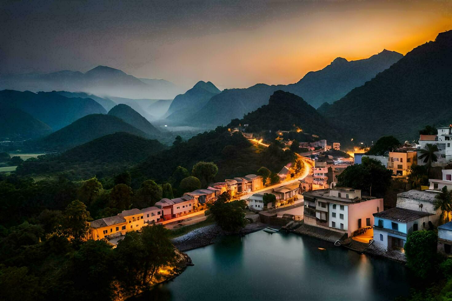 foto papel de parede a céu, montanhas, China, a céu, montanhas, Vila, pôr do sol,. gerado por IA