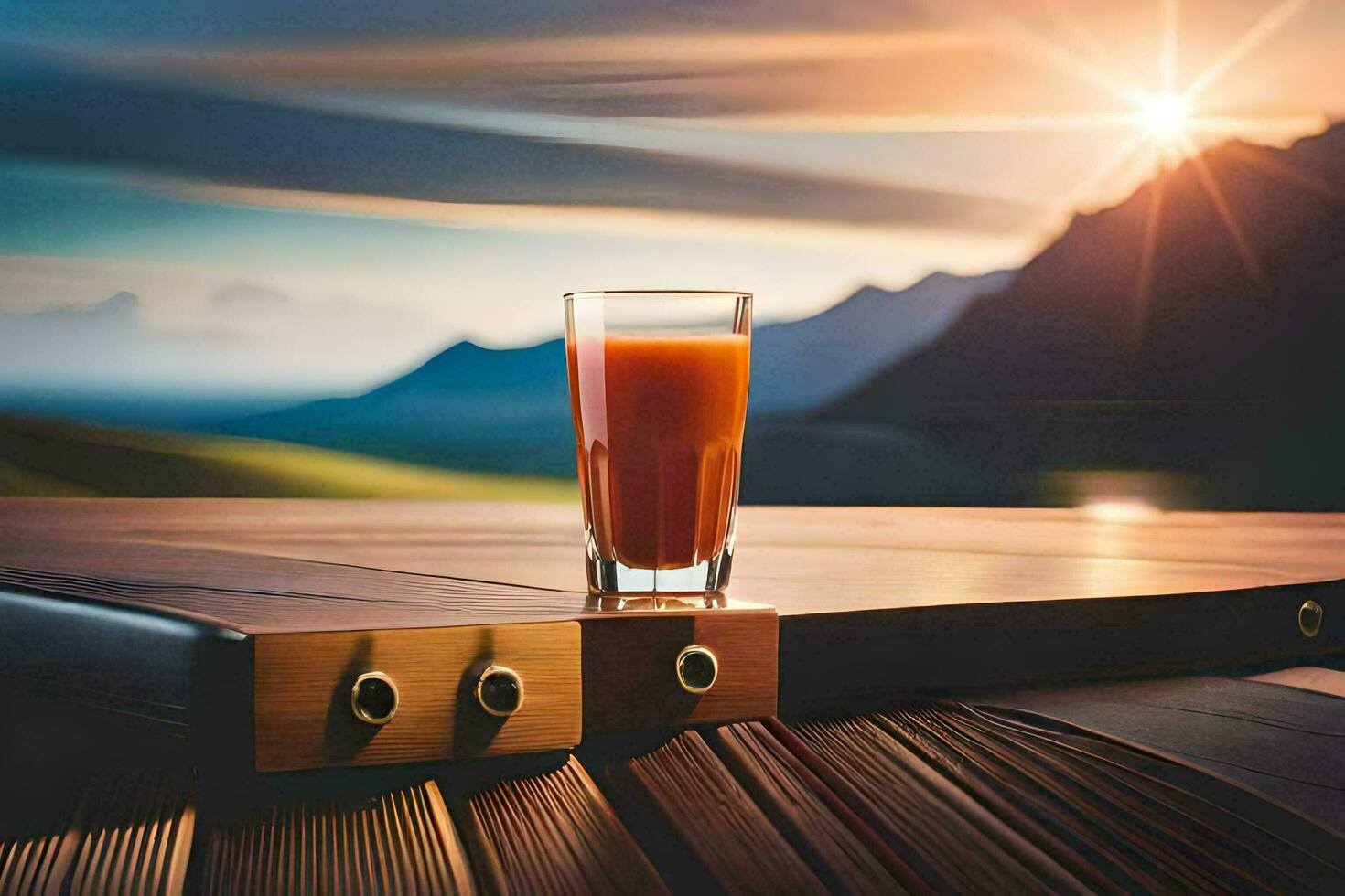 vidro do laranja suco em uma de madeira mesa dentro frente do uma montanha. gerado por IA foto