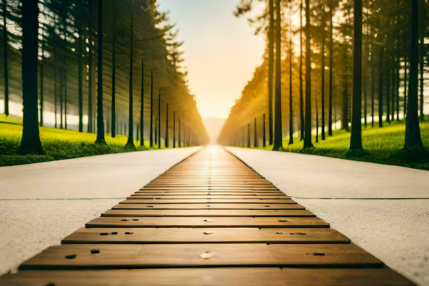 uma grandes de madeira caminho conduzindo para a Sol. gerado por IA foto
