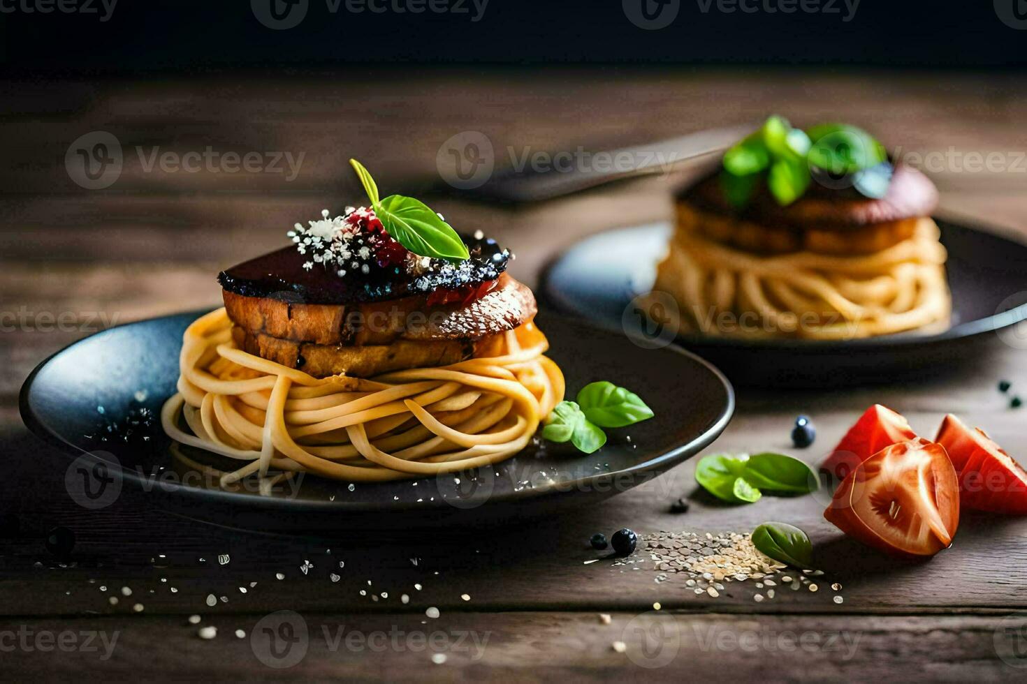 dois pratos com espaguete e carne em eles. gerado por IA foto