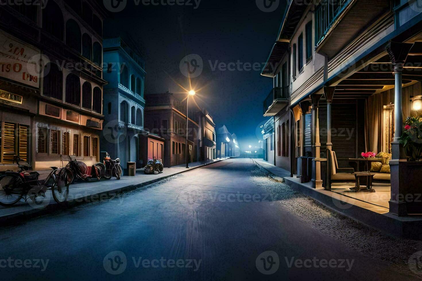 uma rua às noite com uma bicicleta e uma carro. gerado por IA foto