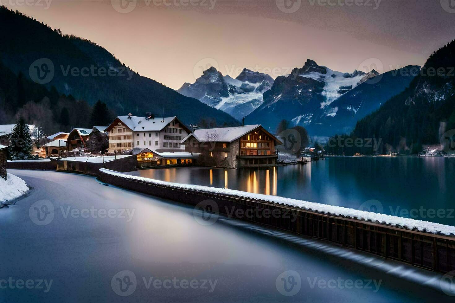 uma lago e uma montanha Cidade às pôr do sol. gerado por IA foto