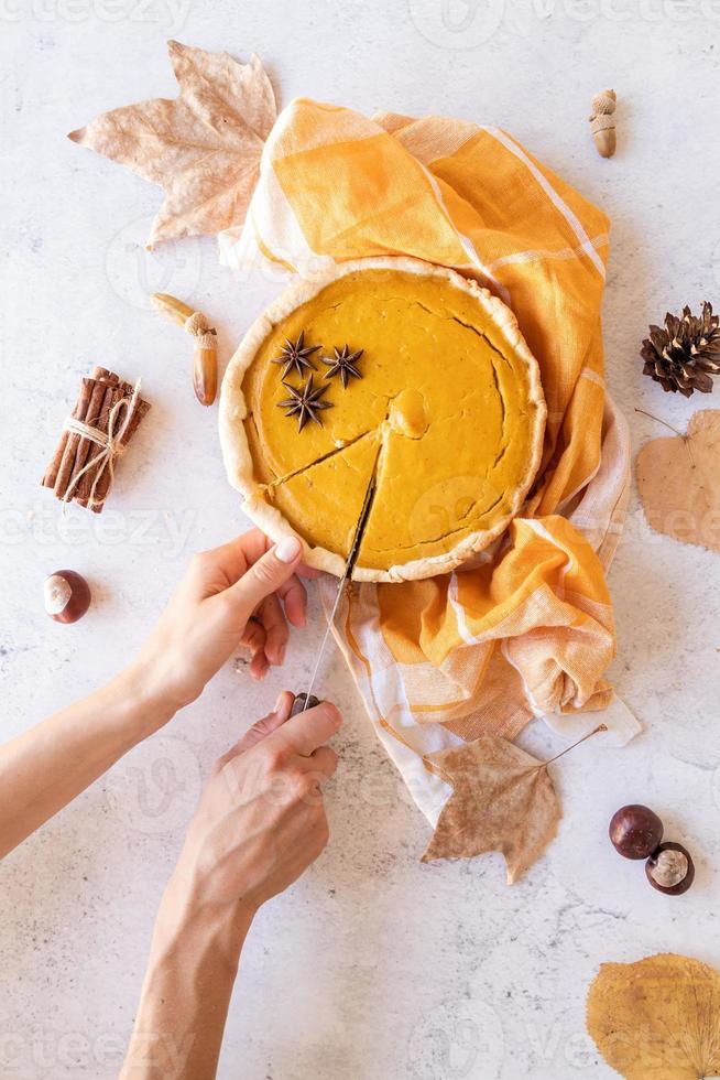 torta de abóbora caseira com folhas de outono em fundo rústico, vista de cima foto