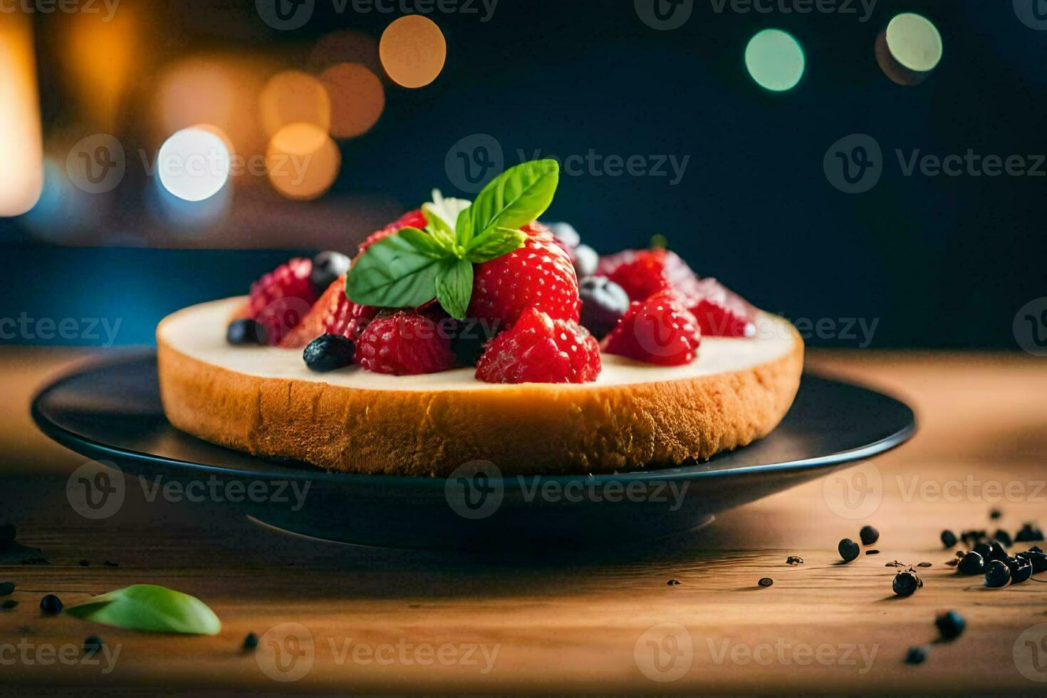 uma bolo de queijo com bagas em uma Preto placa. gerado por IA foto