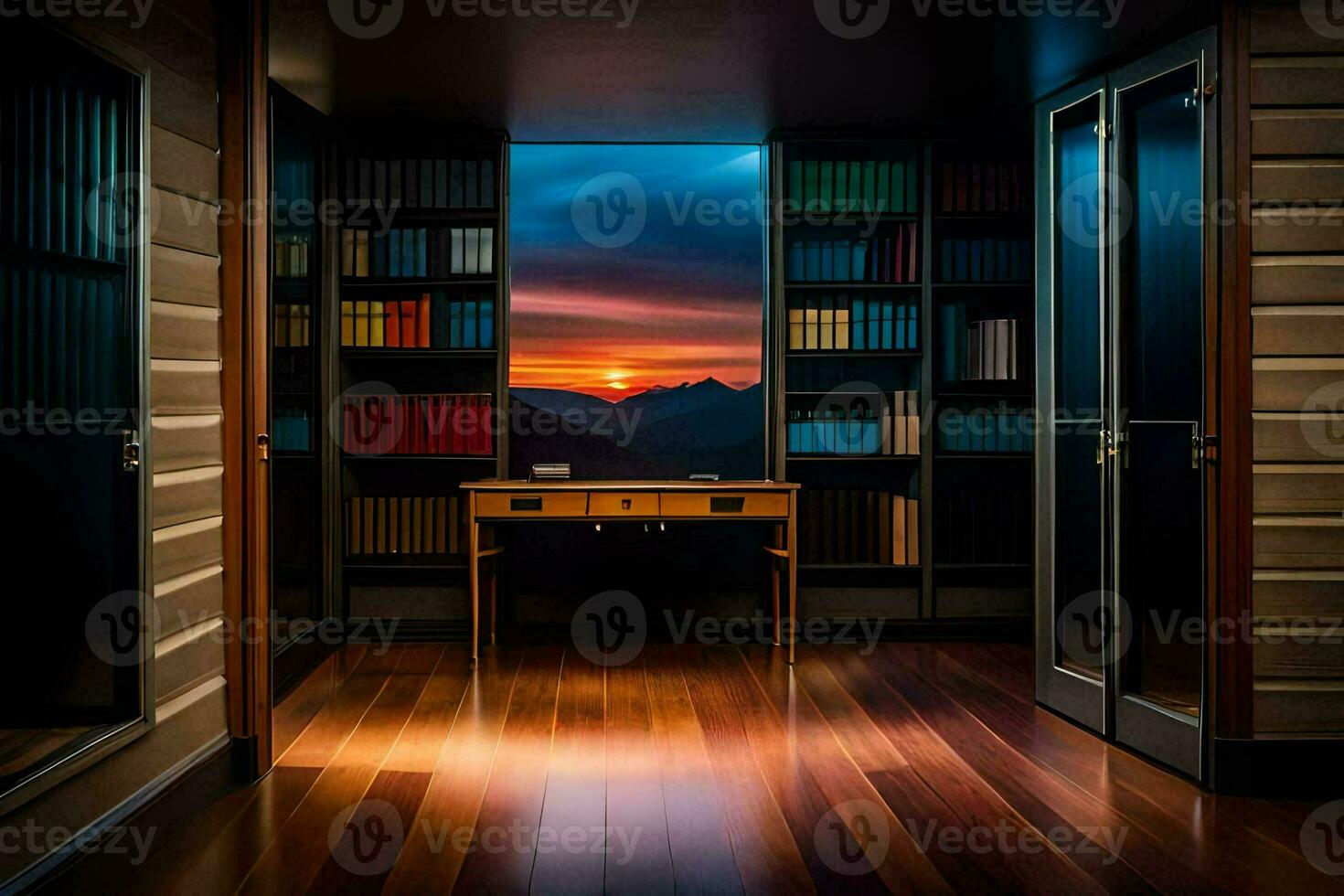 uma quarto com uma escrivaninha e estantes. gerado por IA foto