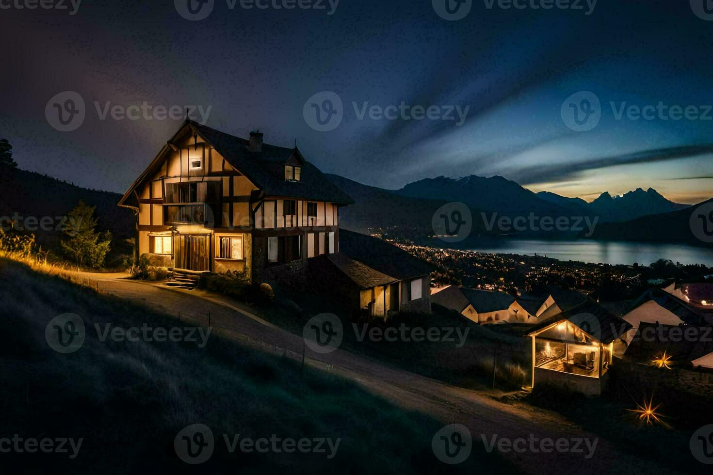 uma casa dentro a montanhas às noite. gerado por IA foto