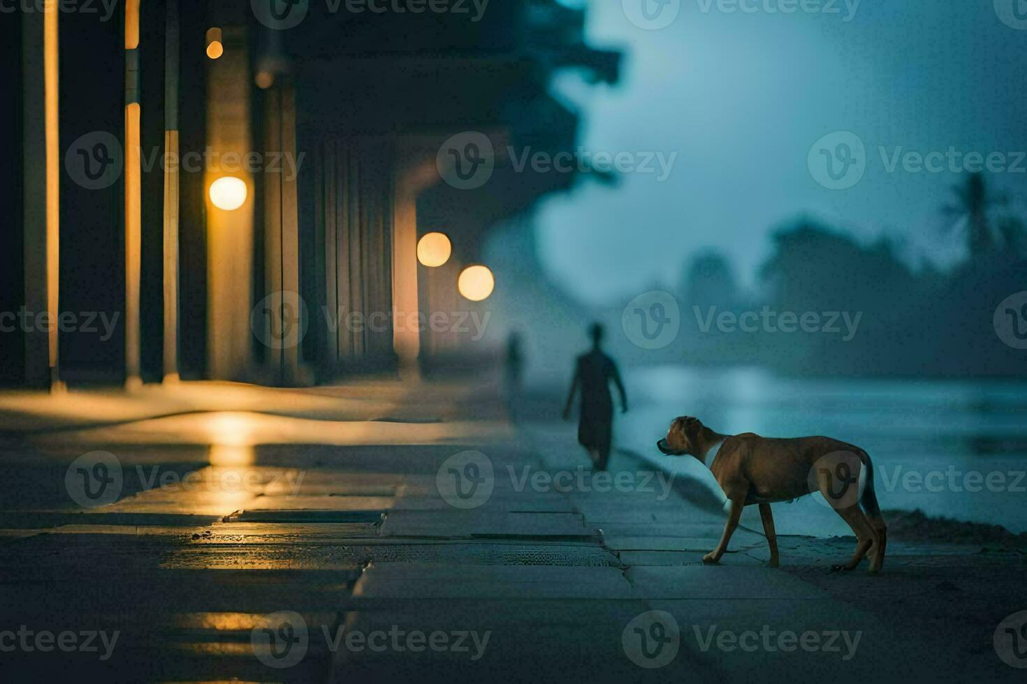 uma cachorro caminhando ao longo uma calçada às noite. gerado por IA foto